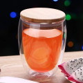 Double Wall Glass Tumbler With Wooden Lid- Borosilicate Glass 14oz.